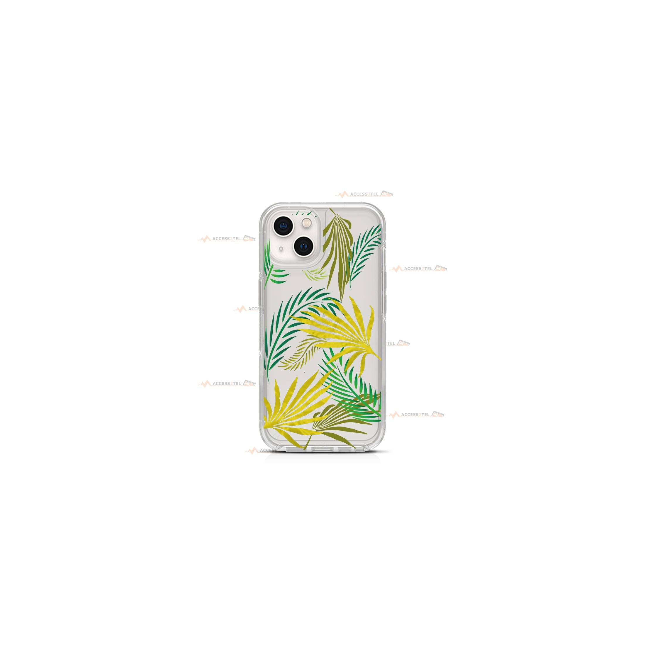 coque de téléphone transparente avec des illustrations de feuilles de palmier