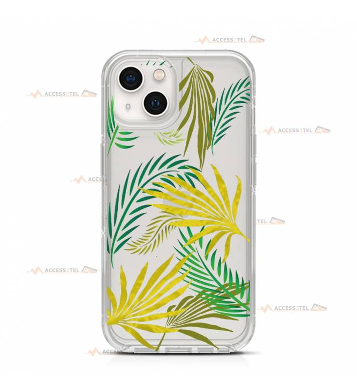 coque de téléphone transparente avec des illustrations de feuilles de palmier
