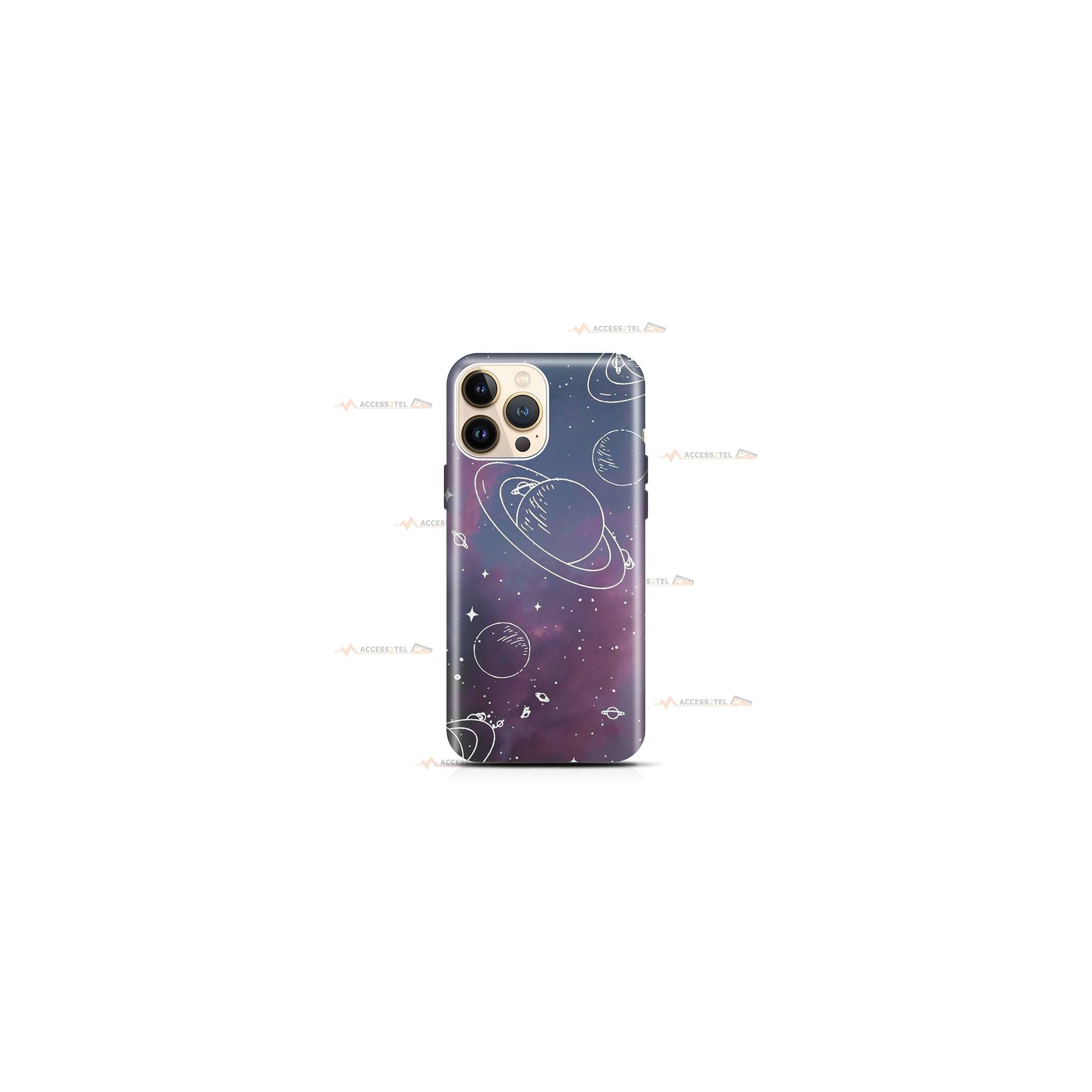 coque de téléphone avec un ciel violet et des illustrations des planètes