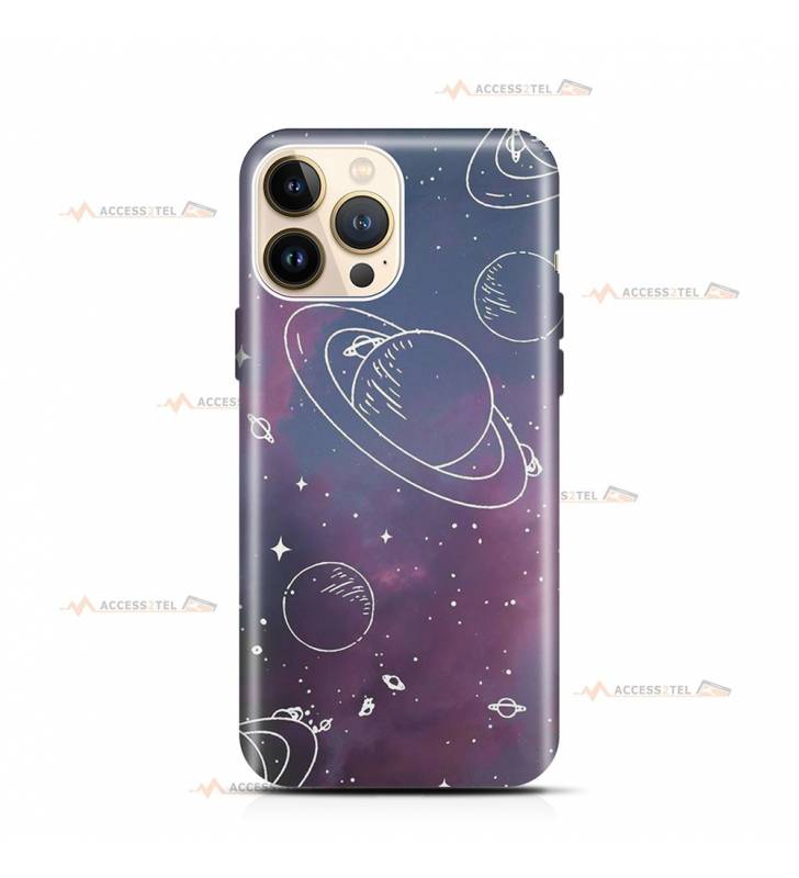 coque de téléphone avec un ciel violet et des illustrations des planètes