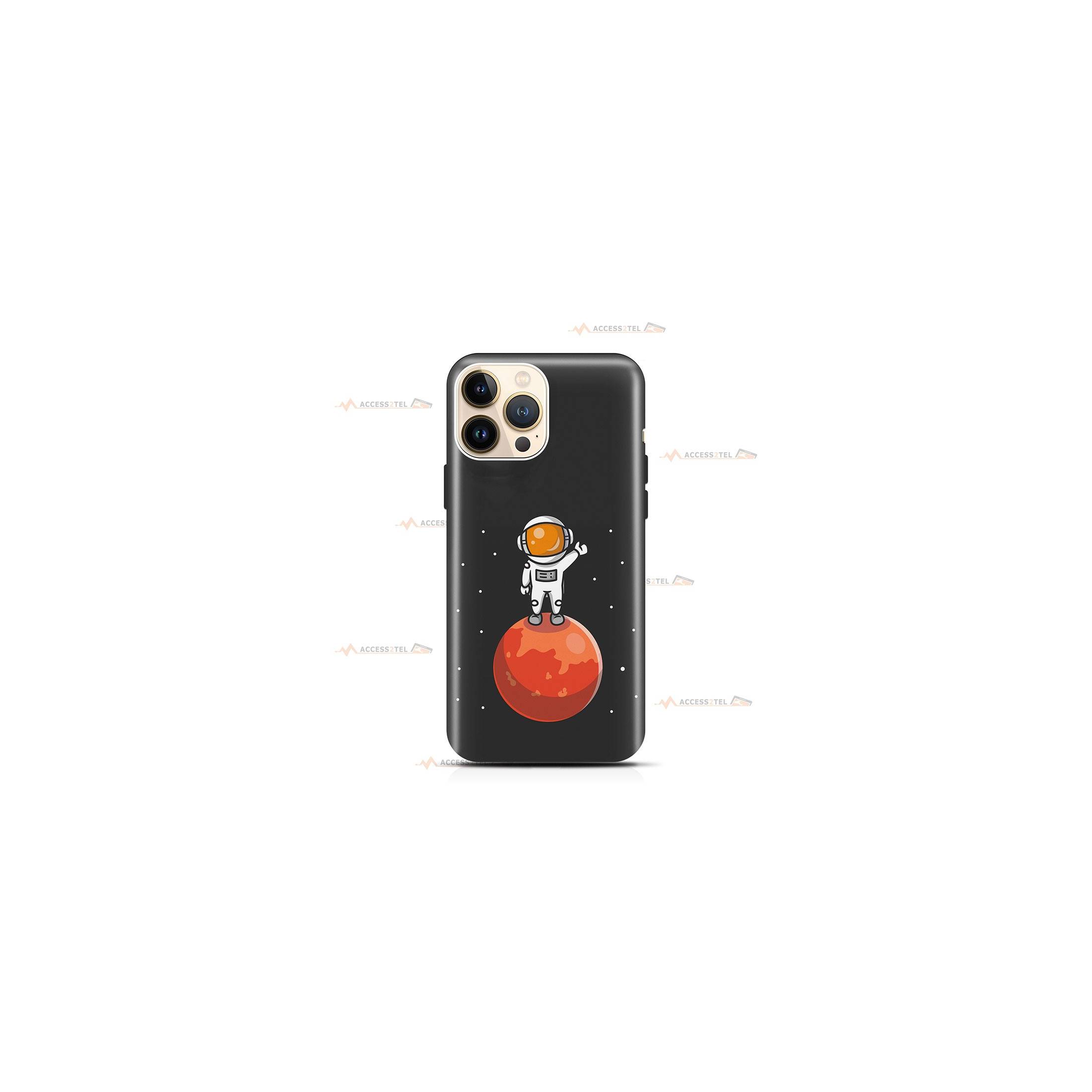 coque de téléphone noire avec une illustration d'un astronaute sur mars
