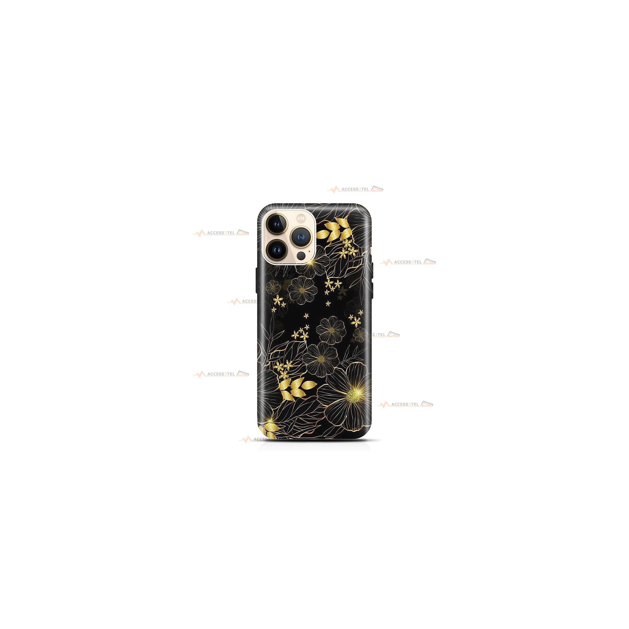 coque de téléphone noire avec des fleurs dorées