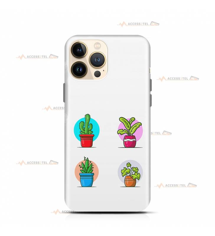 coque de téléphone blanche avec des illustrations de plantes en pot