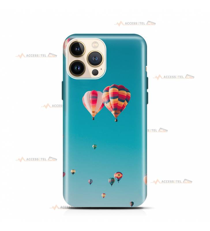 coque de téléphone avec des montgolfières multicolores et un ciel bleu