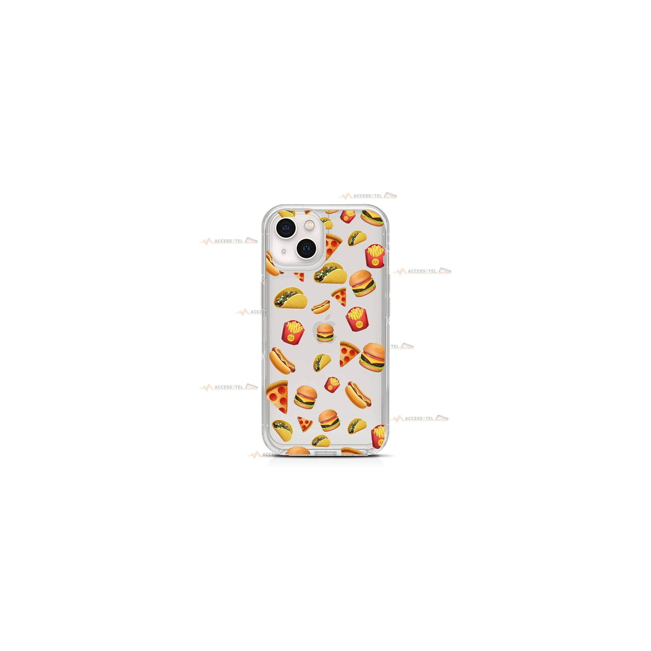 coque de téléphone transparente avec des emojis de fat-food (burger