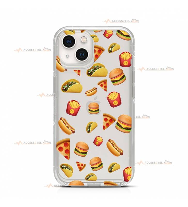 coque de téléphone transparente avec des emojis de fat-food (burger