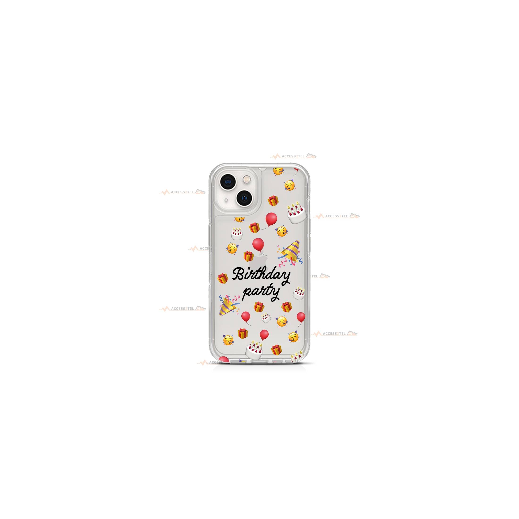 coque de téléphone transparente avec des emojis de fête d'anniversaire (ballons