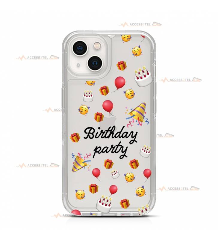 coque de téléphone transparente avec des emojis de fête d'anniversaire (ballons