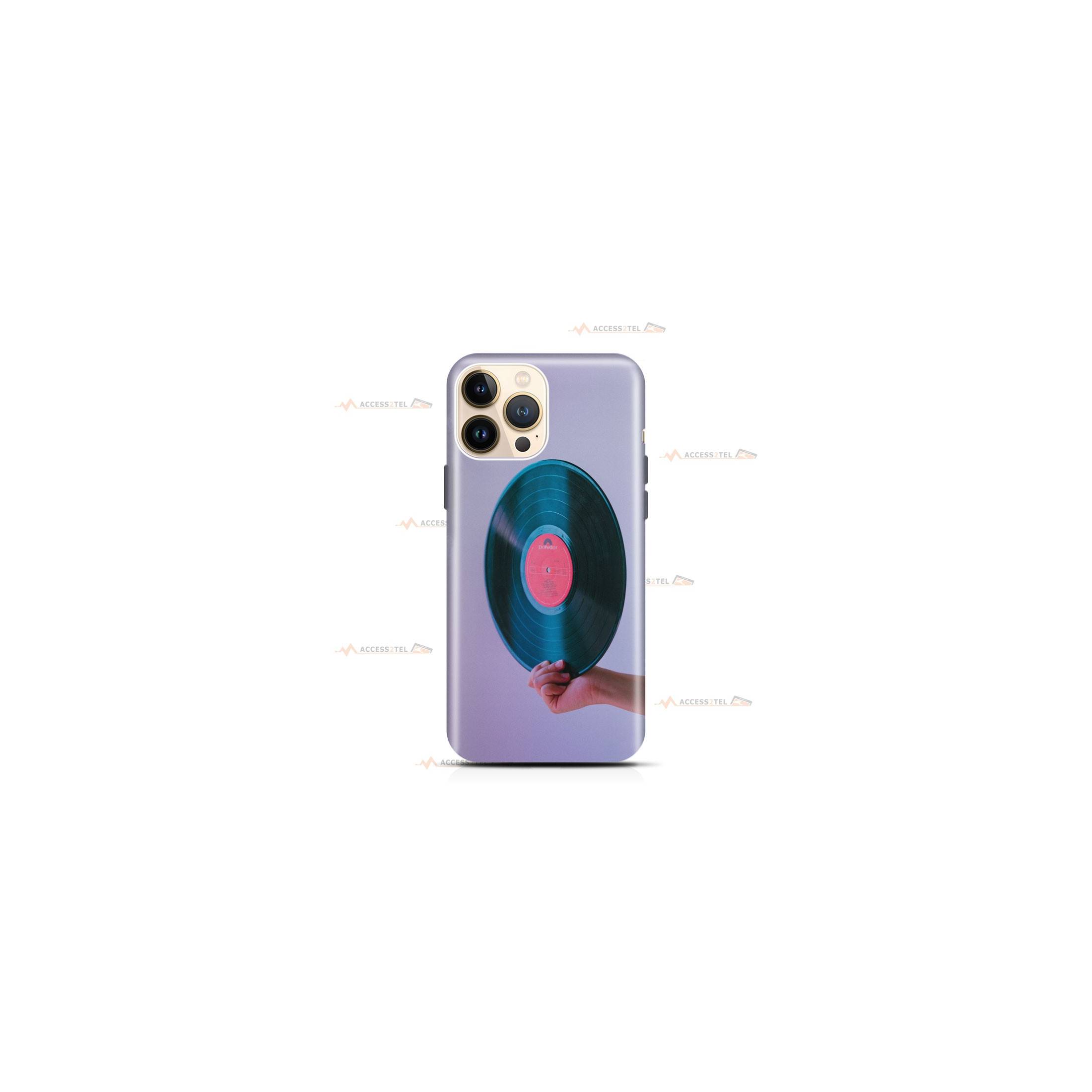 coque de téléphone violette avec une main qui tient un vinyle