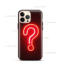 coque de téléphone noire avec un gros point d'interrogation en néon rouge