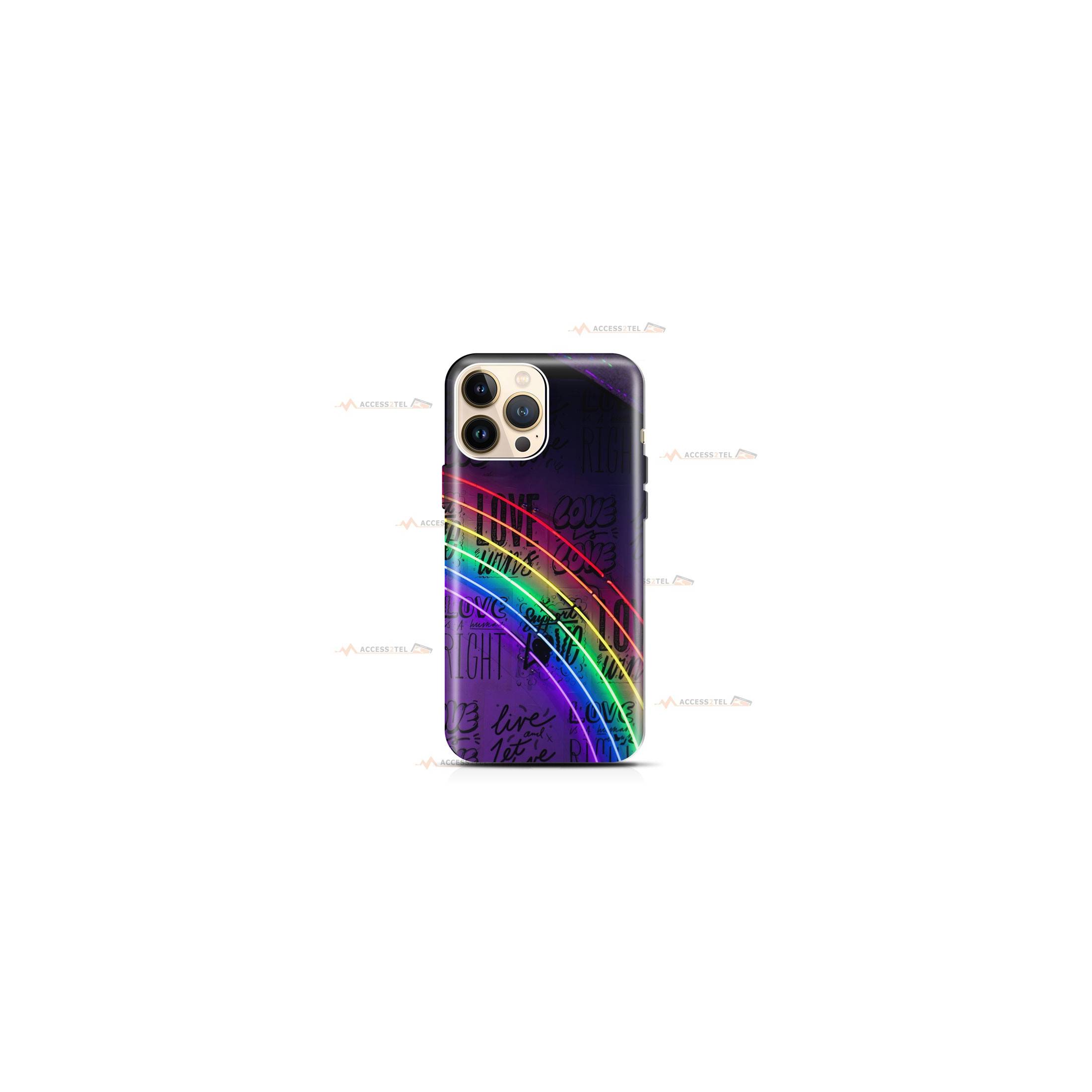 coque de téléphone avec des néons arc-en-ciel devant un mur avec des écritures "love wins"