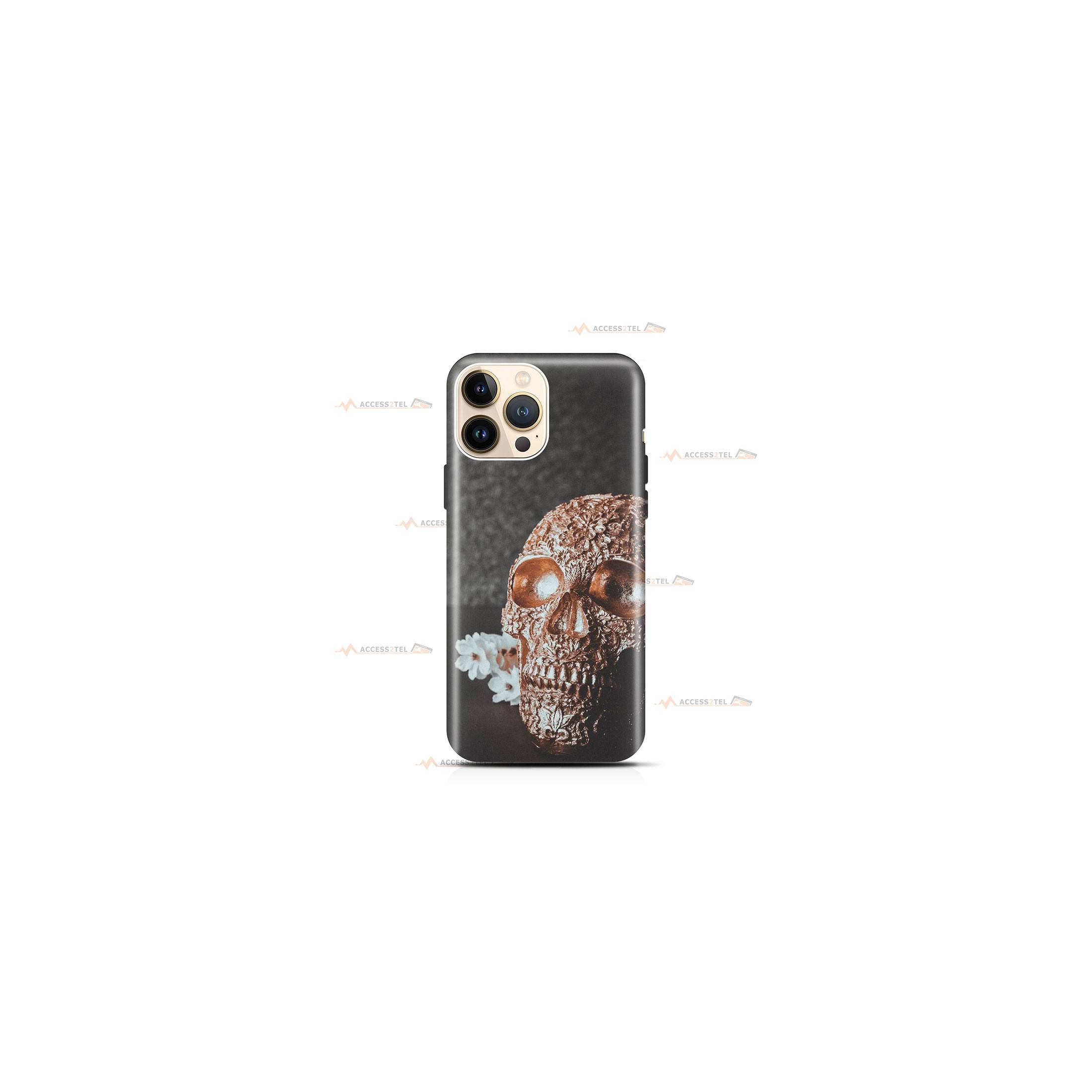 coque de téléphone avec un crâne rose gold et des fleurs