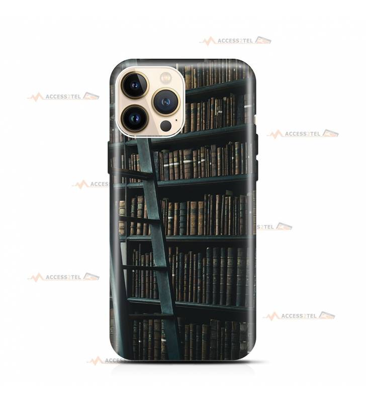 coque de téléphone avec une bibliothèque et de vieux livres