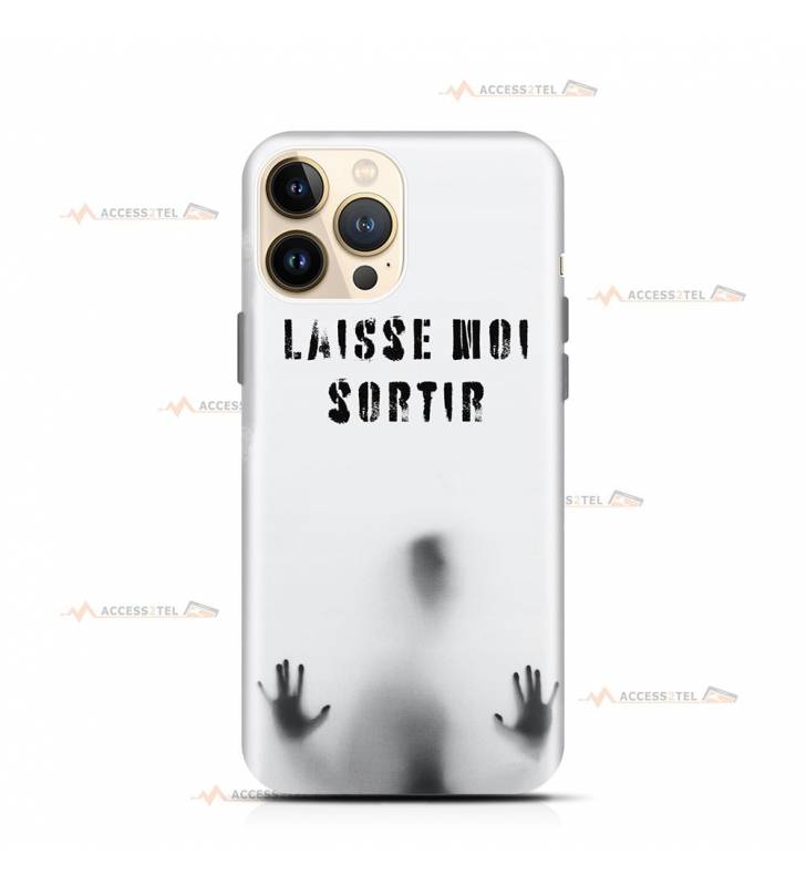 coque de téléphone blanche avec une silhouette qui colle ses mains au téléphone et le texte "laisse-moi sortir"