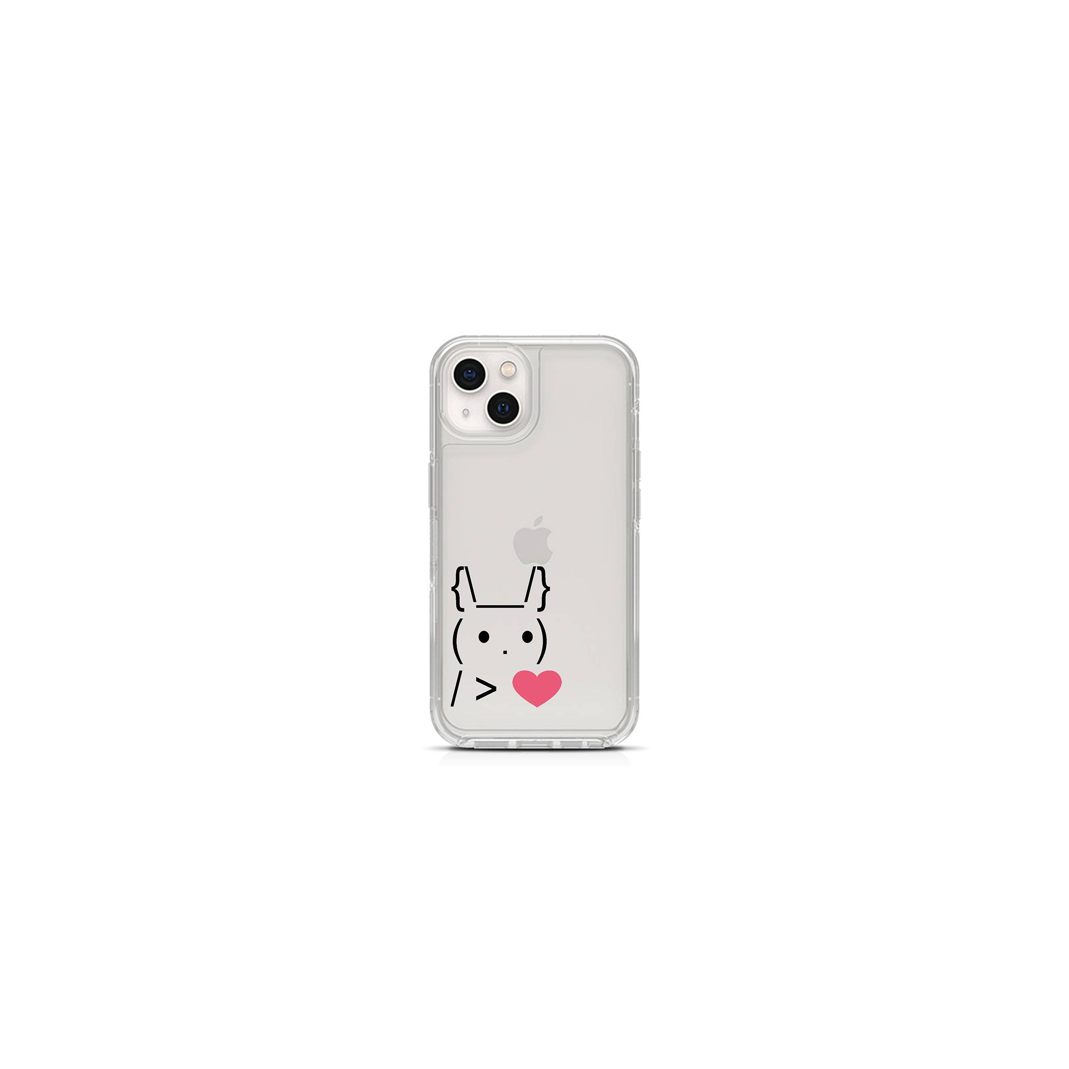 coque de téléphone transparente avec un lapin qui tient un coeur fait avec les symboles du clavier