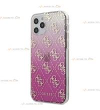 coque de téléphone guess holographique semi-transparente rose avec logos dorés pour iphone 12