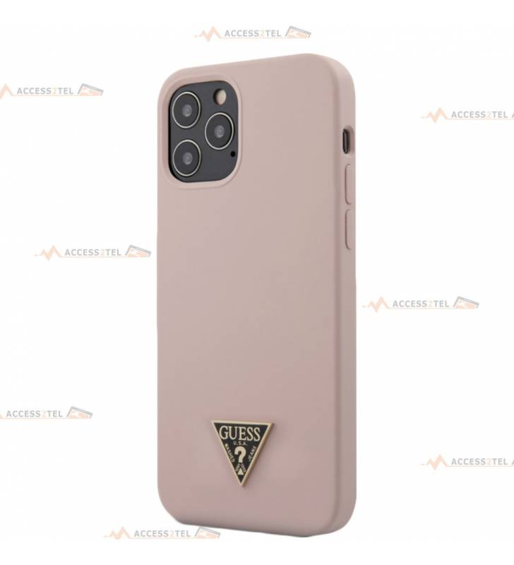 coque de téléphone guess rose en silicone soft touch avec pin's pour iphone 12