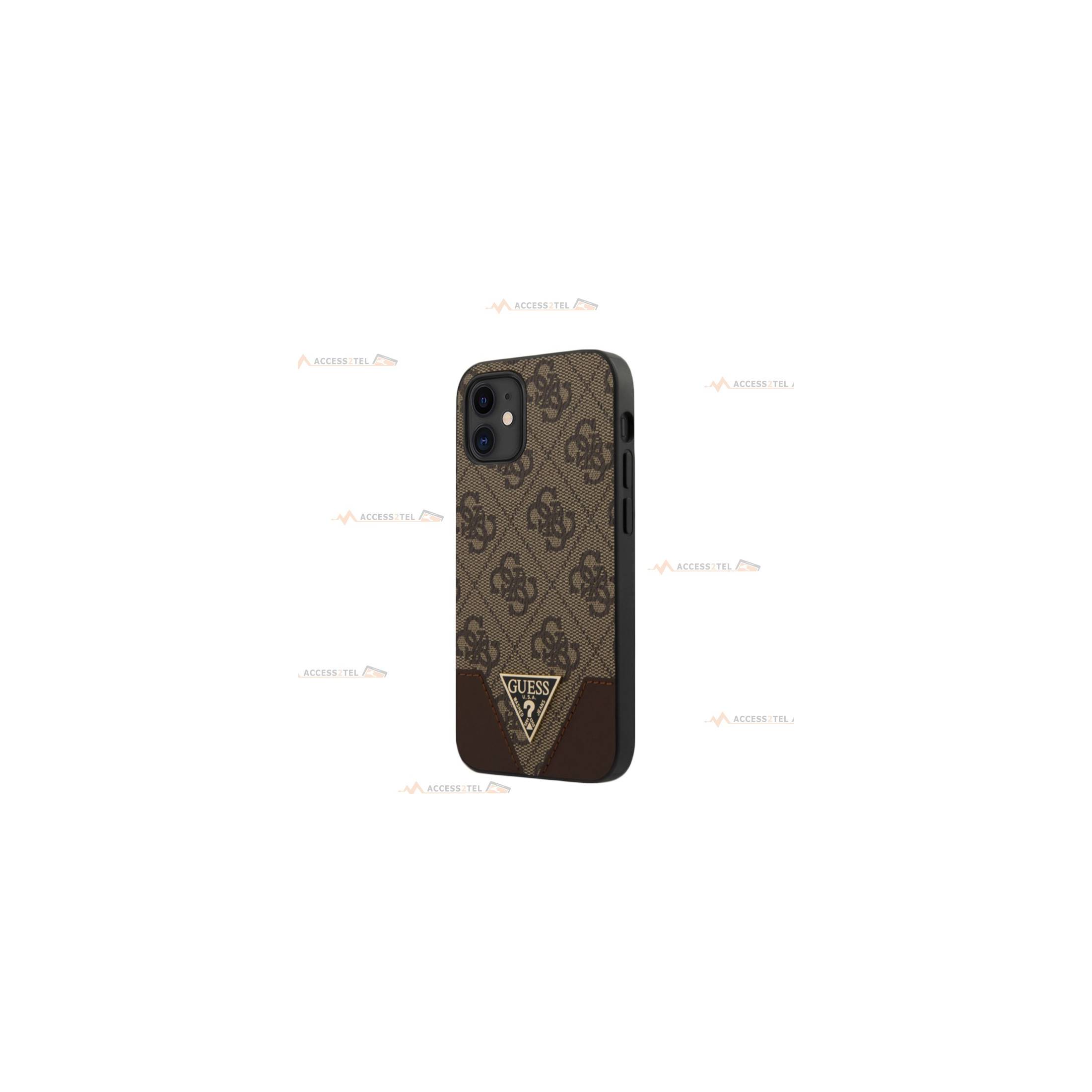 coque de téléphone guess pour iphone 12 mini imprimé bimatière cuir marron et pin's