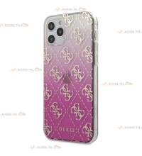 coque de téléphone guess pour iphone 12 pro max holographique semi-transparente rose avec logos dorés