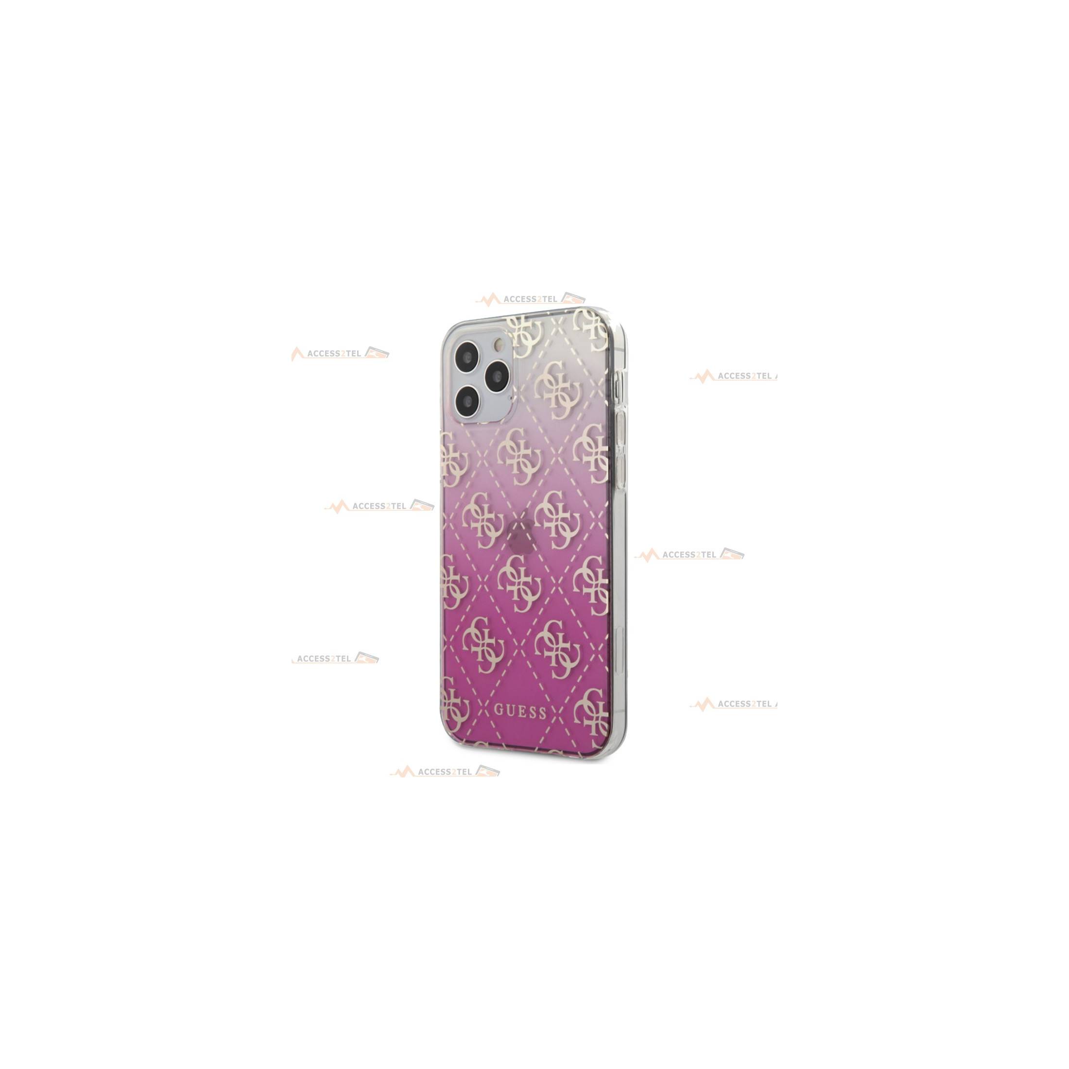 coque de téléphone guess pour iphone 12 pro max holographique semi-transparente rose avec logos dorés