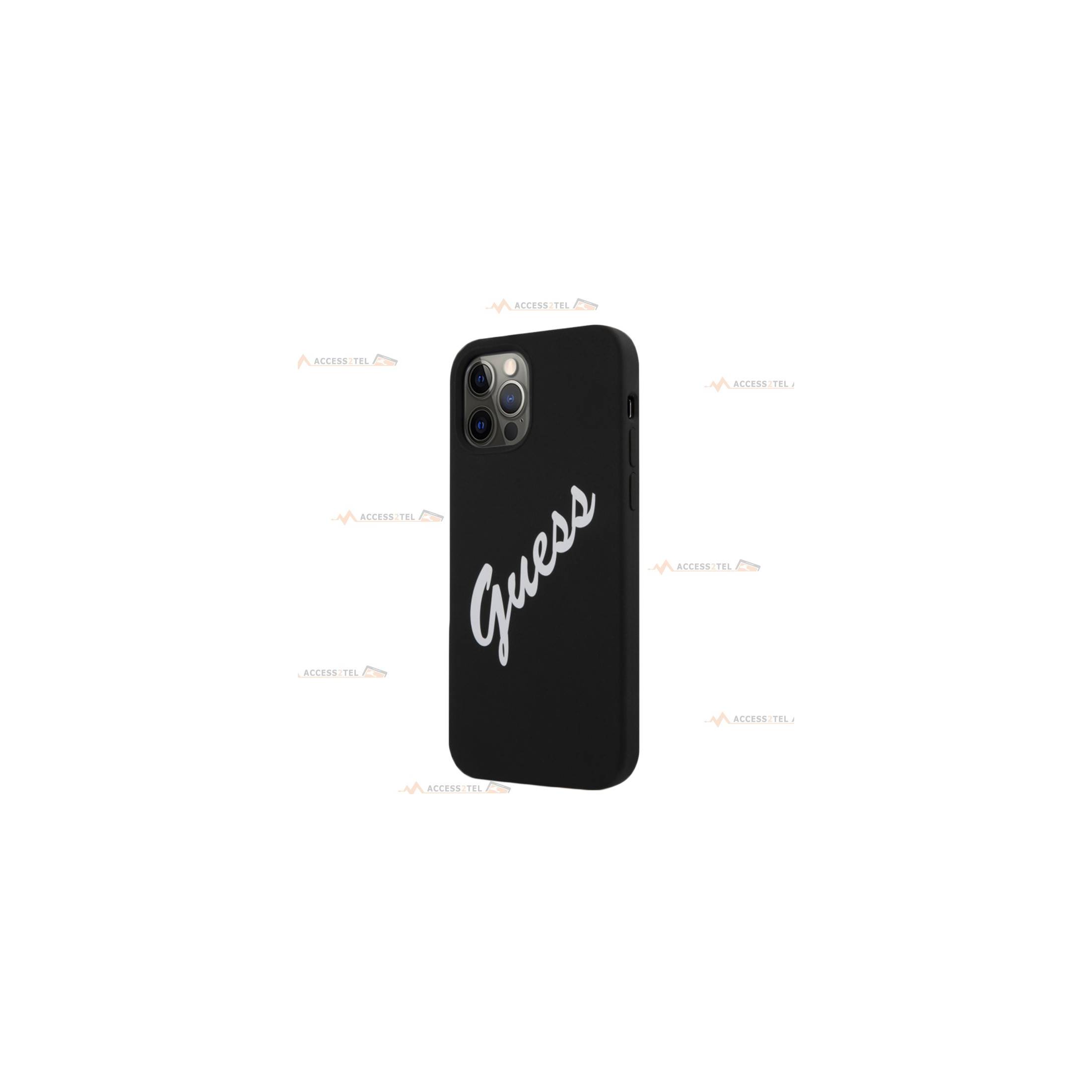 coque de téléphone noire soft touch logo guess vintage pour iphone 12 pro max côté