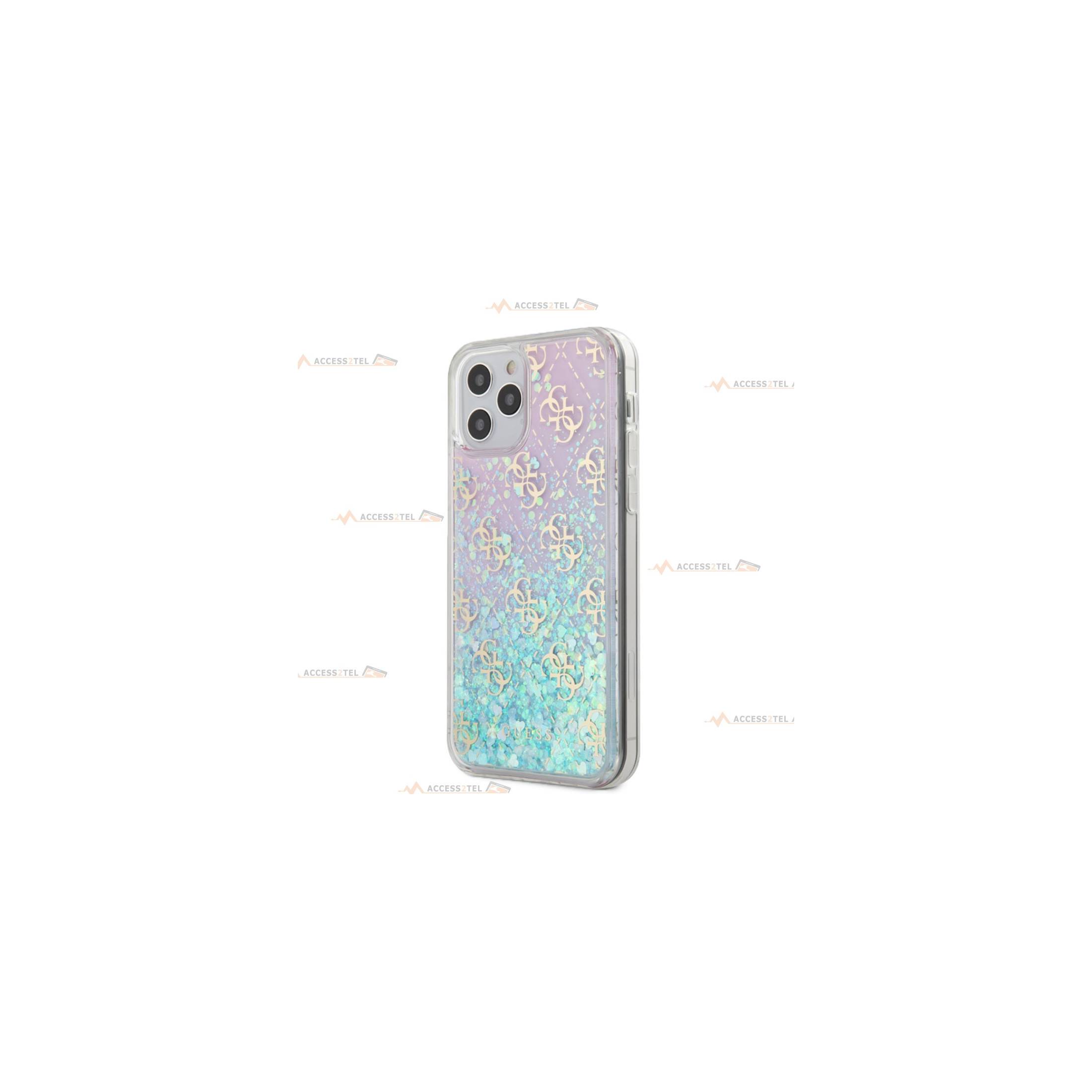 coque de téléphone guess transparente rose avec liquide à paillettes turquoise pour iphone 12 pro max