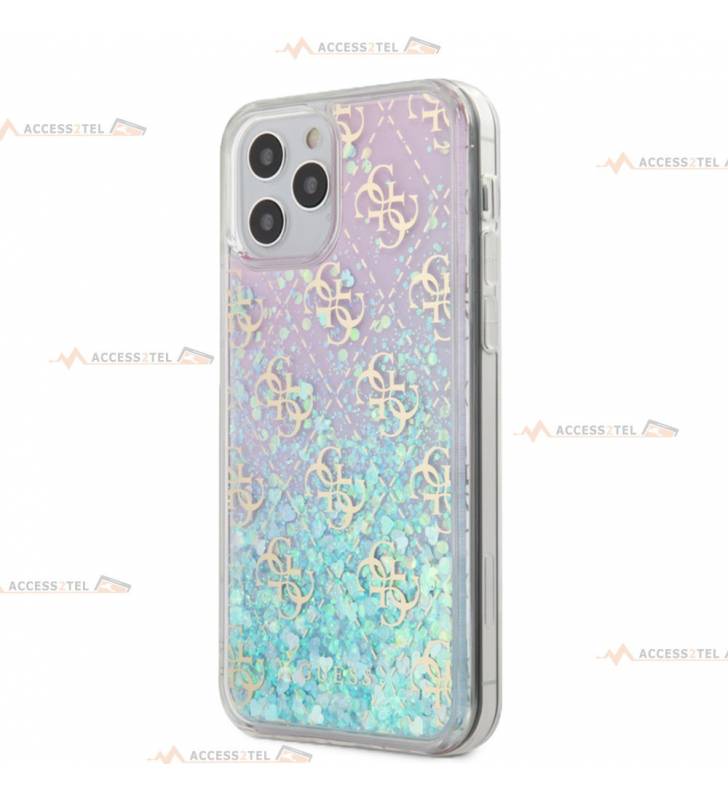 coque de téléphone guess transparente rose avec liquide à paillettes turquoise pour iphone 12 pro max