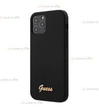 coque de téléphone guess pour iphone 12 pro max noire soft touch avec logo pin's doré