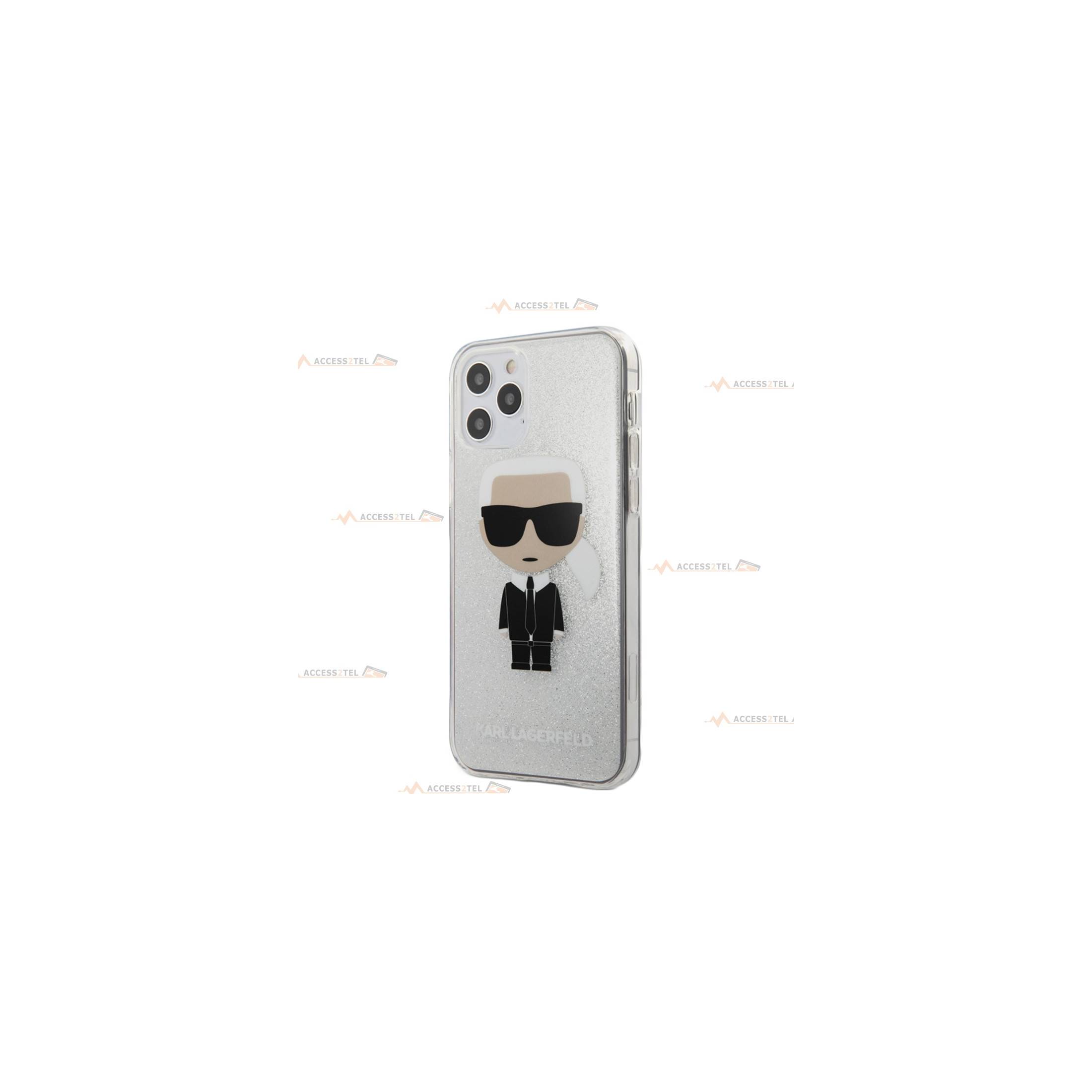 coque de téléphone argentée pailletée karl lagarfeld avatar pour iphone 12