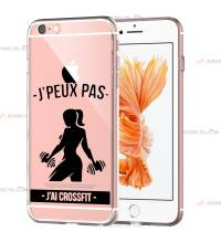 coque pour iphone 6 et iphone 6s transparente avec une femme qui soulève des poids et le texte "j'peux pas j'ai crossfit"