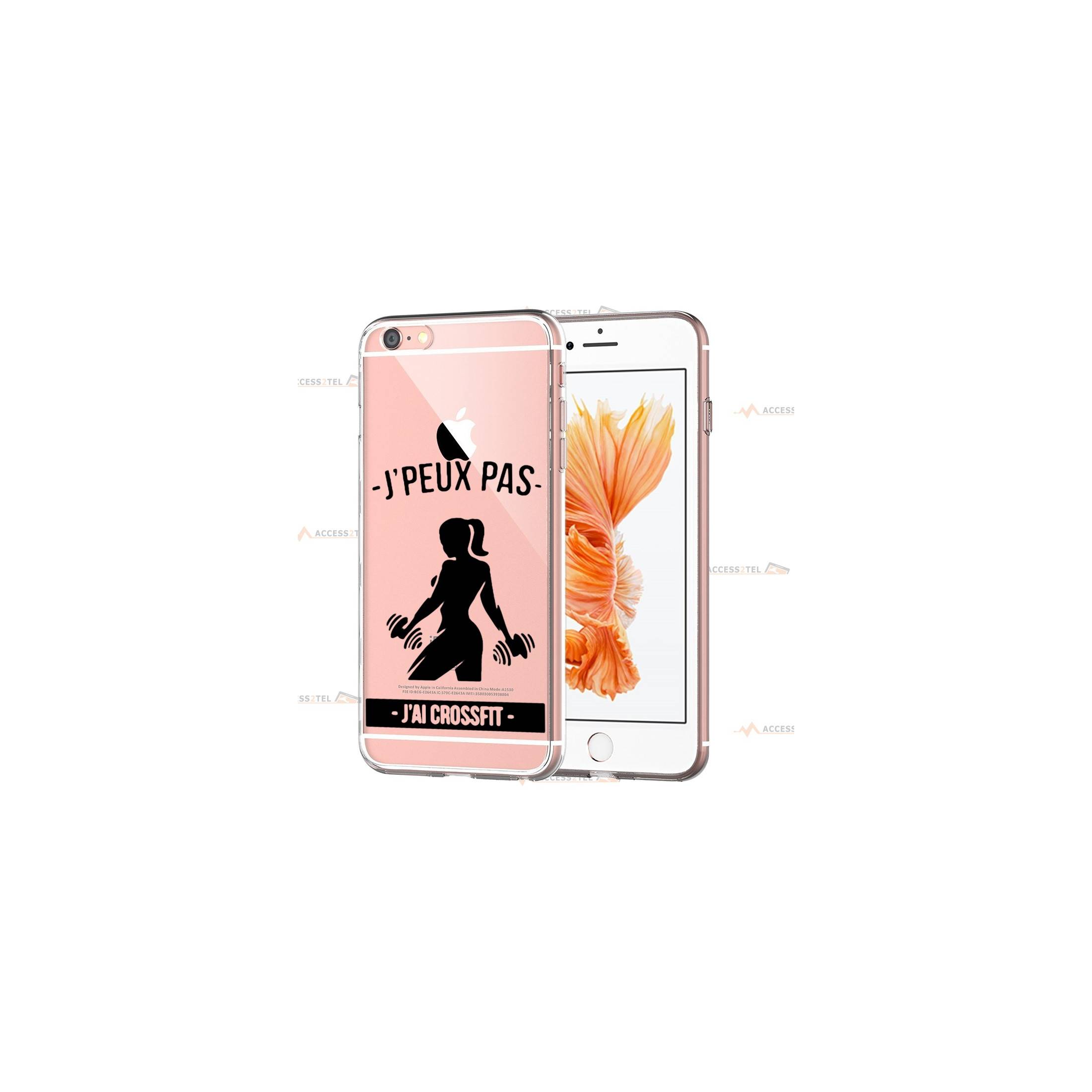 coque pour iphone 6 et iphone 6s transparente avec une femme qui soulève des poids et le texte "j'peux pas j'ai crossfit"