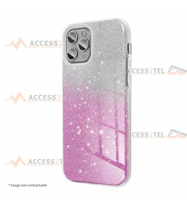 coque renforcée pour iphone 12 et iphone 12 pro paillettes dégradé rose côté
