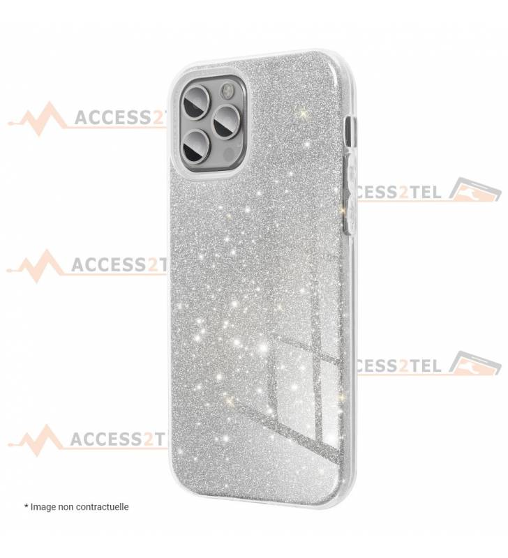 coque renforcée pour iphone 12 et iphone 12 pro paillettes argentée côté