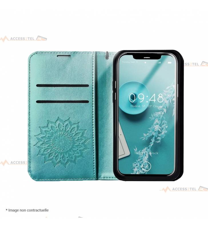 étui pour iphone 12 et iphone 12 pro mandala vert ouvert