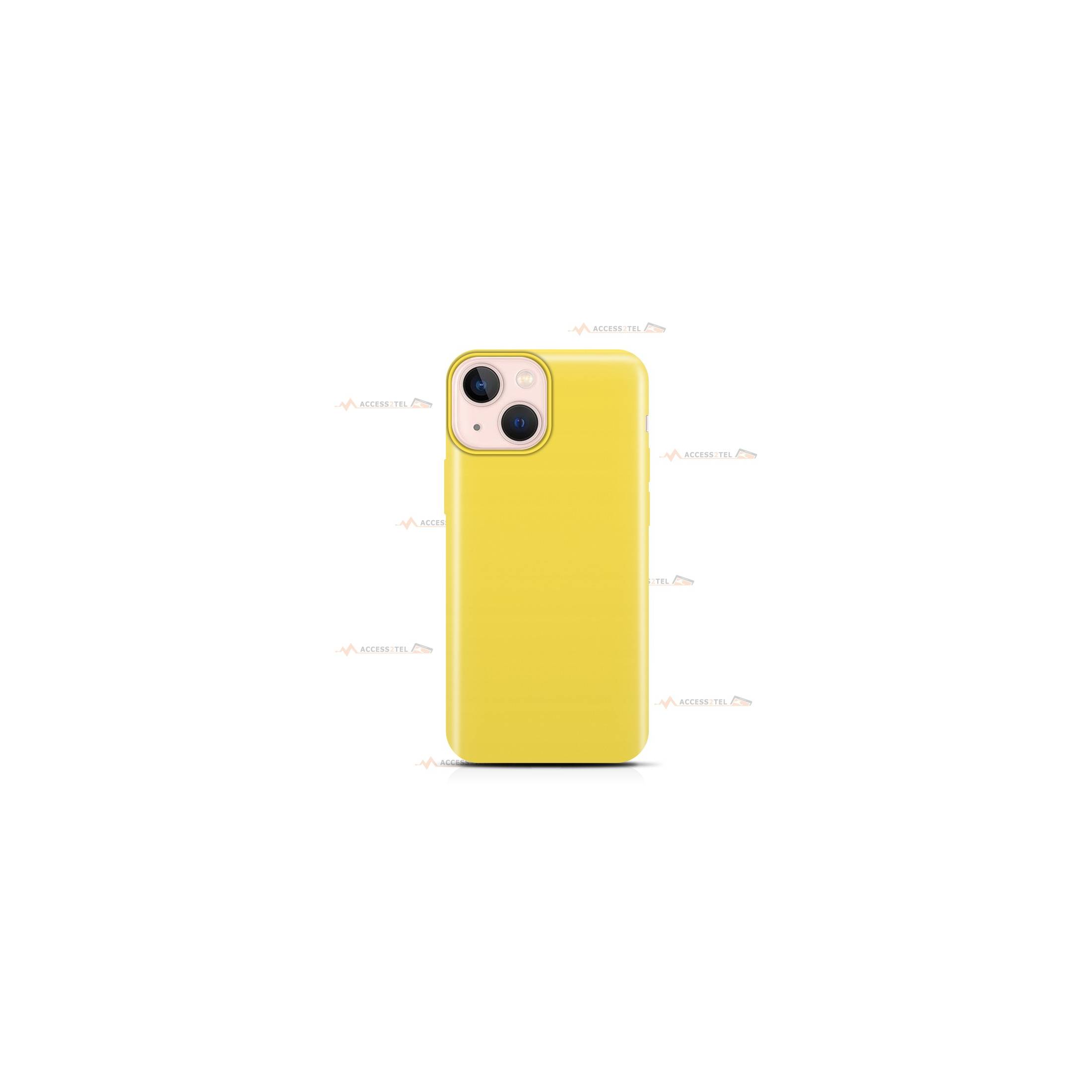 coque pour iPhone 13 Mini en silicone soft touch et intérieur microfibre jaune fluo