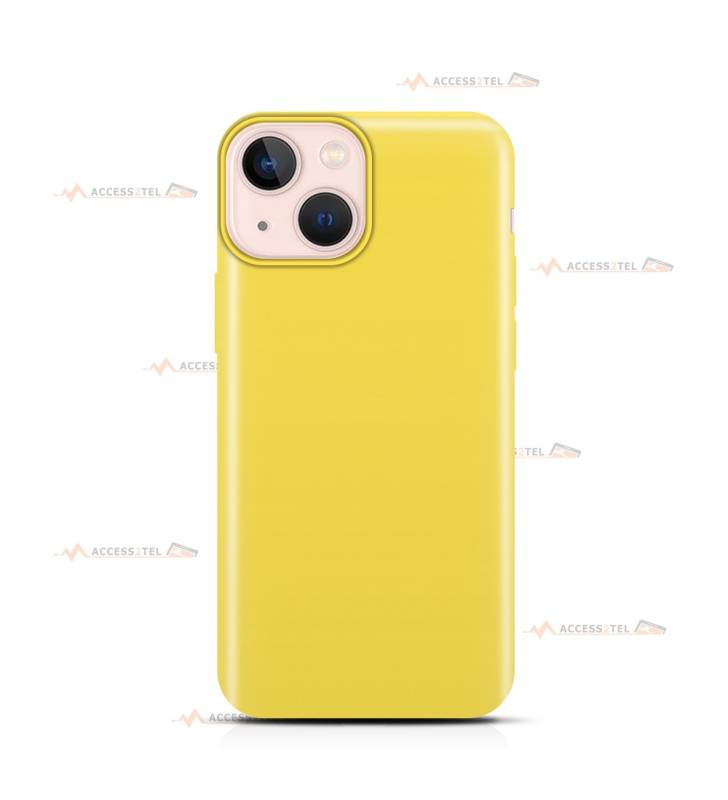 coque pour iPhone 13 Mini en silicone soft touch et intérieur microfibre jaune fluo