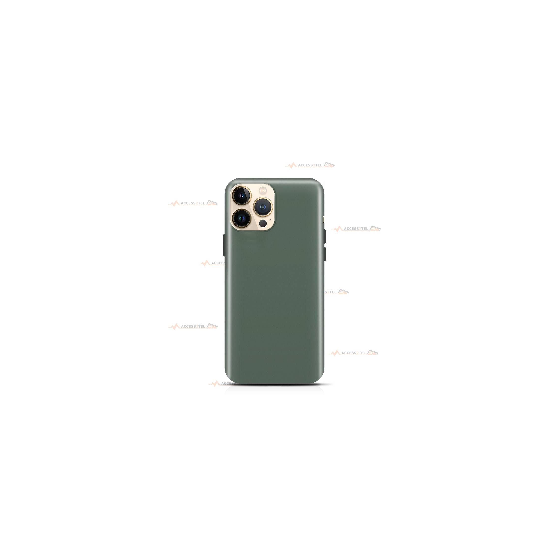 coque pour iphone 13 pro en silicone soft touch et intérieur microfibre vert de gris