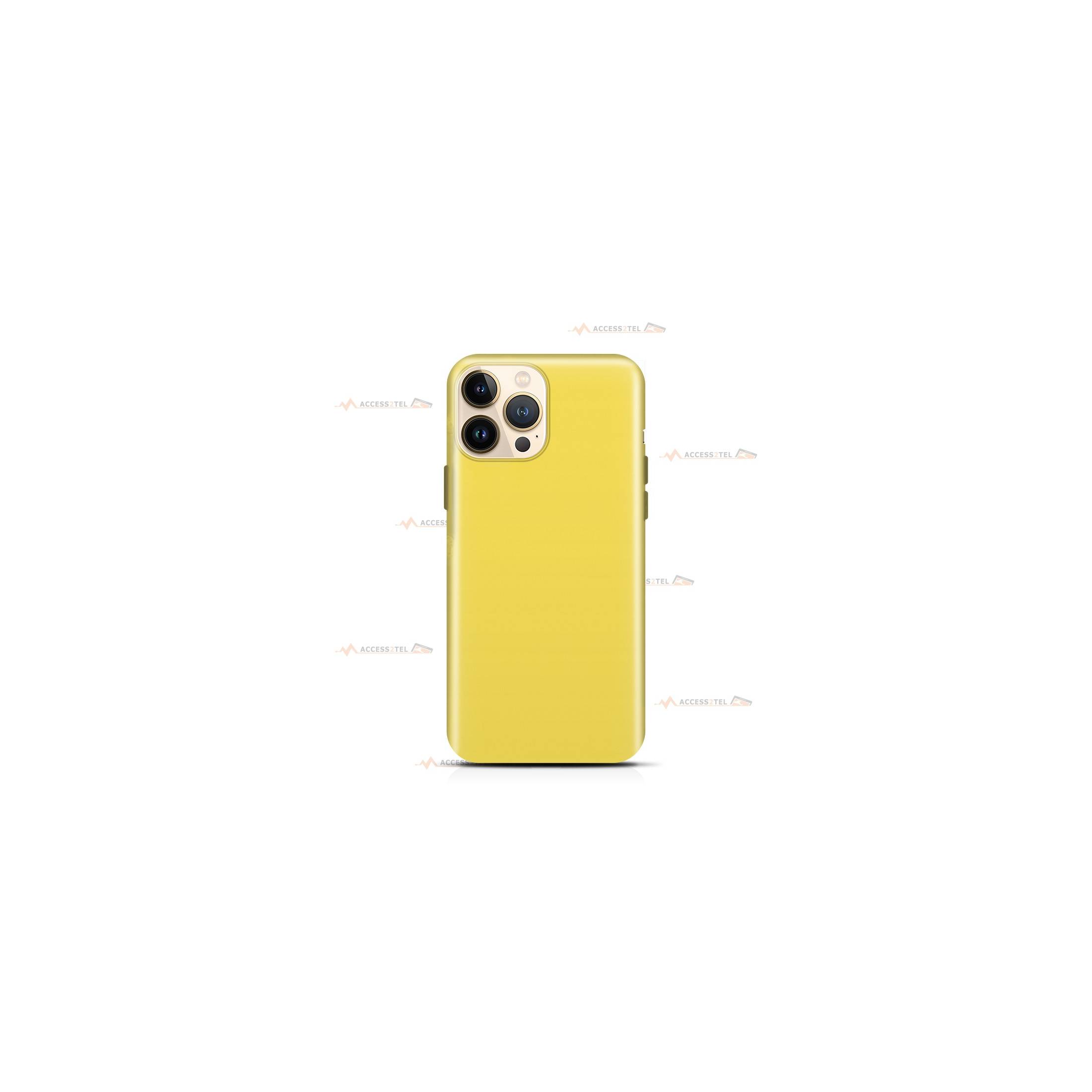 coque pour iPhone 13 Pro Max en silicone soft touch et intérieur microfibre jaune fluo