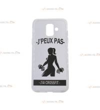 coque pour galaxy A6 2018 transparente avec une femme qui soulève des poids et le texte "j'peux pas j'ai crossfit"