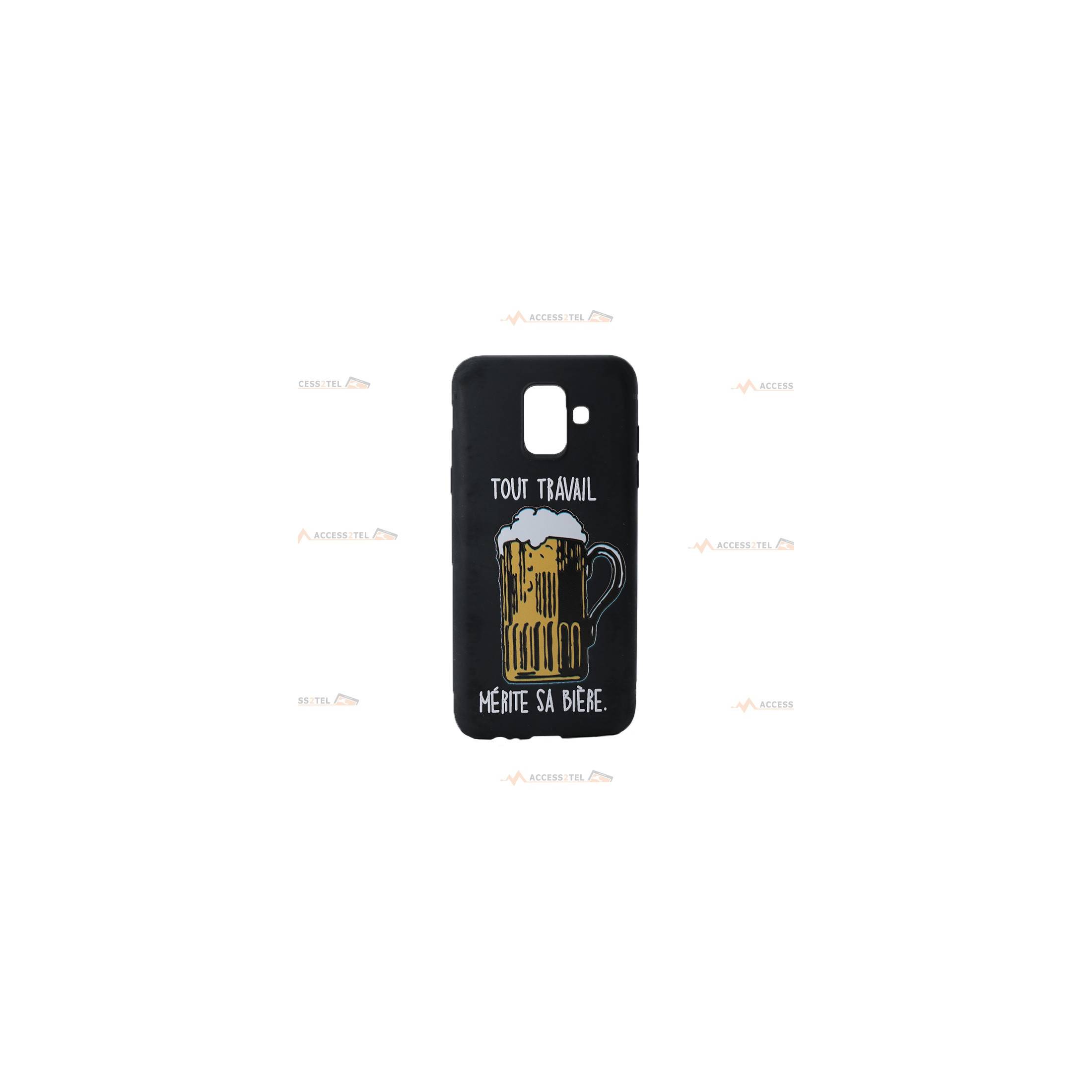 coque pour galaxy A6 2018 noire avec une pinte de bière et le texte "tout travail mérite sa bière"