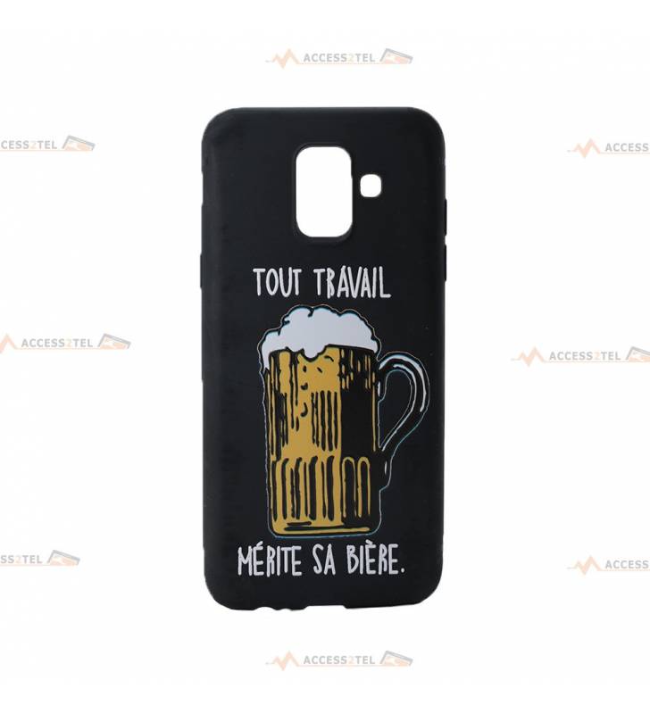 coque pour galaxy A6 2018 noire avec une pinte de bière et le texte "tout travail mérite sa bière"