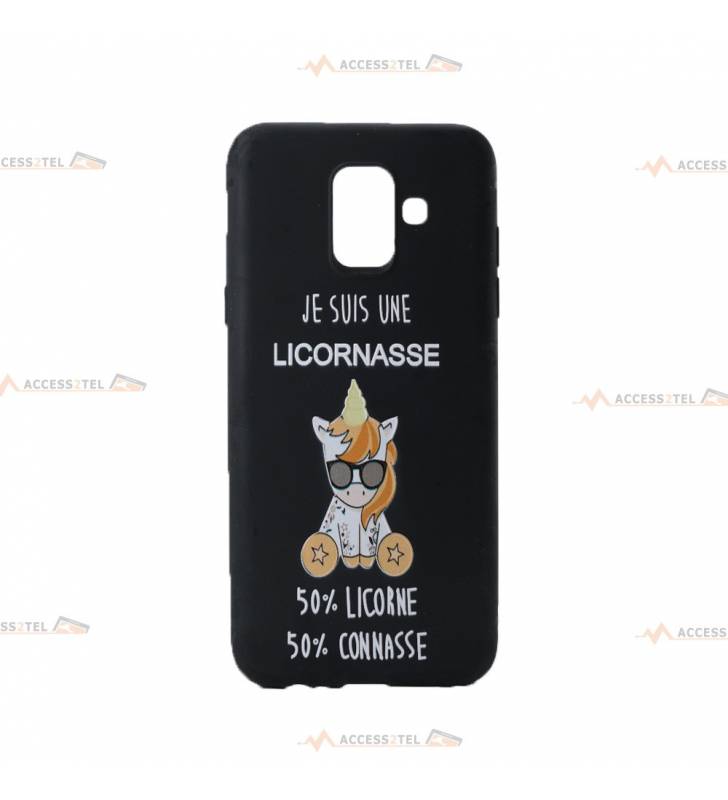 coque pour galaxy A6 2018 noire avec une licorne et le texte "je suis une licornasse