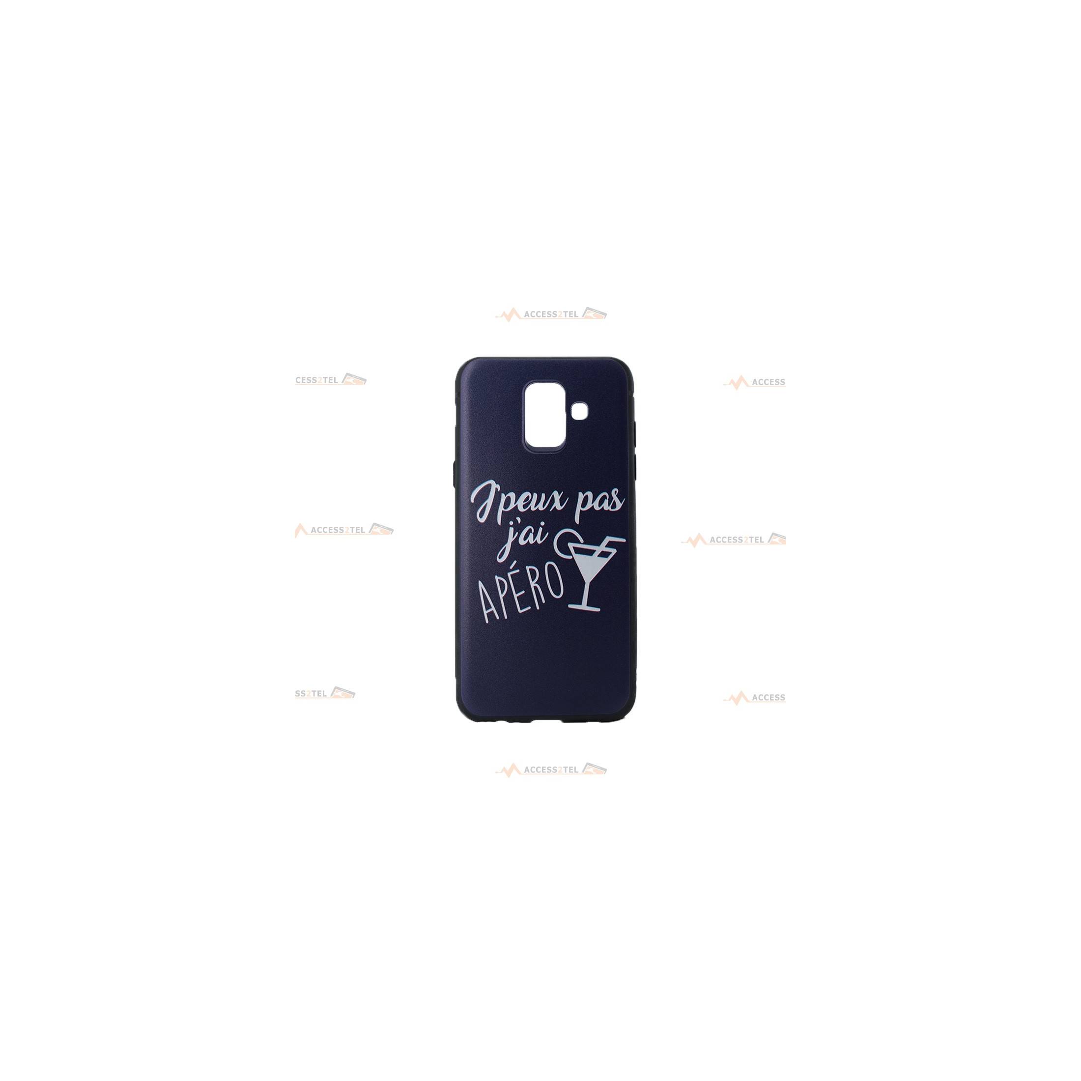 coque pour galaxy A6 2018 noire avec un verre de cocktail et le texte "j'peux pas j'ai apéro"