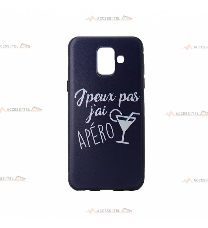 coque pour galaxy A6 2018 noire avec un verre de cocktail et le texte "j'peux pas j'ai apéro"