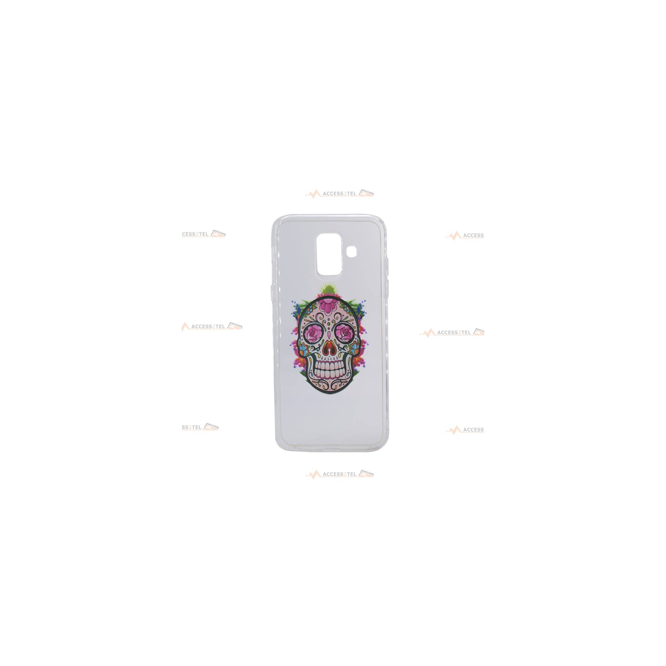 coque pour galaxy A6 2018 transparente avec une tête de mort mexicaine calavera