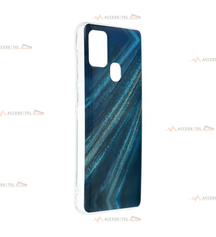 coque de téléphone design moderne bleu et or pour samsung galaxy a21s