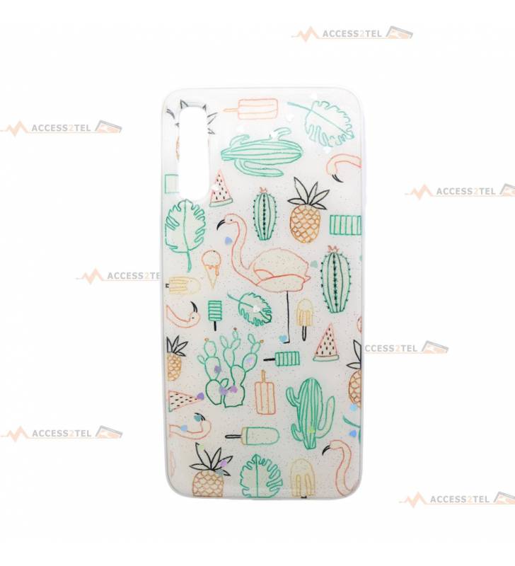 coque de téléphone pour samsung galaxy a70 illustrée rigolote avec des flamants roses des cactus des ananas des pastèques