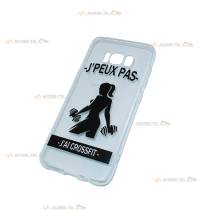 coque pour galaxy S8 transparente avec une femme qui soulève des poids et le texte "j'peux pas j'ai crossfit"