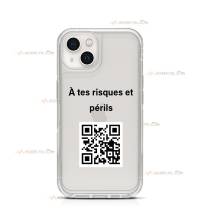 coque de téléphone transparente avec un QR code et le texte "à tes risques et périls"