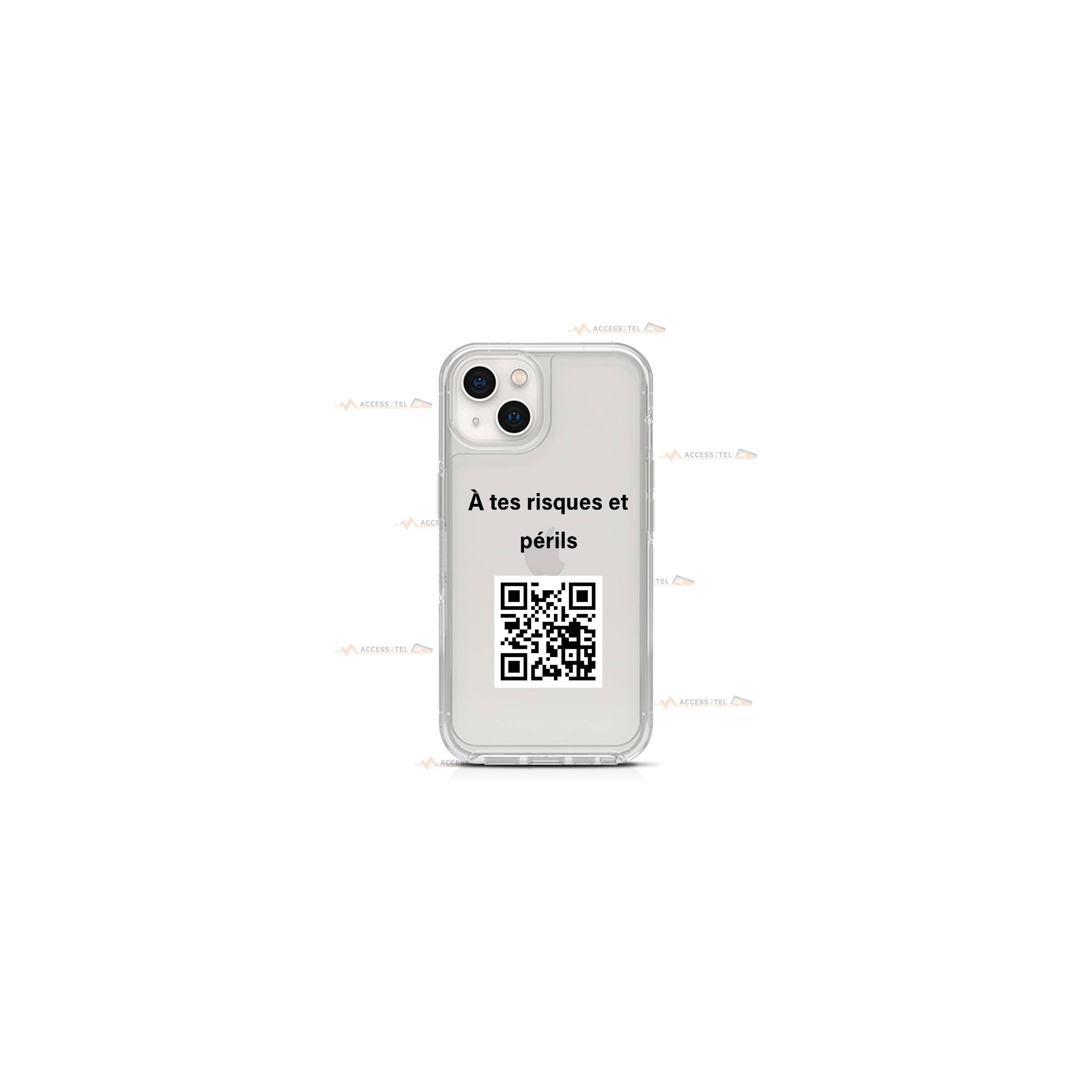 coque de téléphone transparente avec un QR code et le texte "à tes risques et périls"
